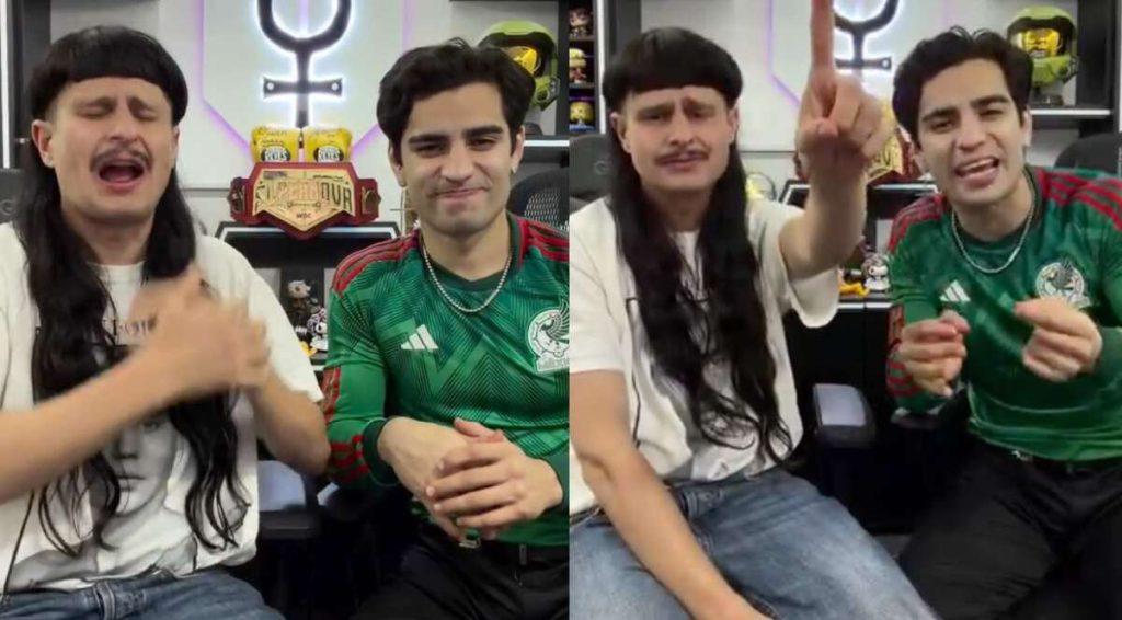 Two Men Sit Side by Side in a Studio, the Man on the Left Wearing a Long Black Wig and Moustache, the Man on the Right in a Green Mexico Soccer Jersey; a Championship Belt is Visible on the Shelf Behind Them As They Talk and Gesture. • Guadalupe Informa