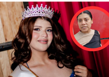 Beauty Pageant Contestant Wearing a Sparkling Crown and Sash, Smiling for a Photo Against a Wooden Backdrop; Inset Shows Another Woman in a Red Circular Frame. • Guadalupe Informa