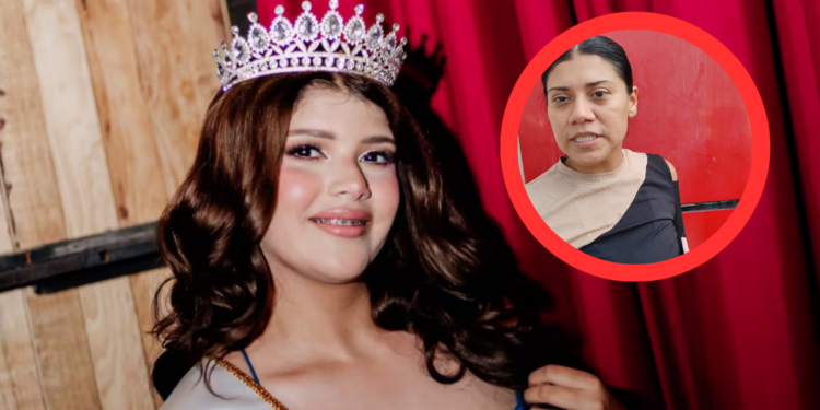Beauty Pageant Contestant Wearing a Sparkling Crown and Sash, Smiling for a Photo Against a Wooden Backdrop; Inset Shows Another Woman in a Red Circular Frame. • Guadalupe Informa