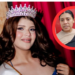 Beauty Pageant Contestant Wearing a Sparkling Crown and Sash, Smiling for a Photo Against a Wooden Backdrop; Inset Shows Another Woman in a Red Circular Frame. • Guadalupe Informa