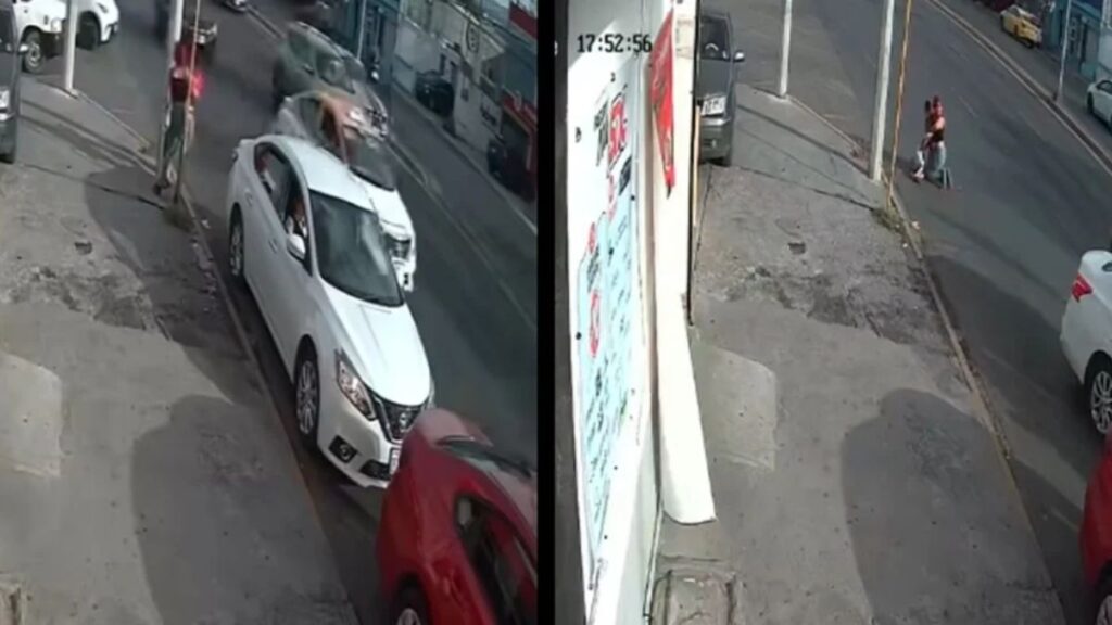 Split-screen Street Cctv: Left Panel Shows a White Car Angled Toward the Curb Near a Crosswalk As Traffic Passes; Right Panel Shows a Person Pushing a Stroller Along the Sidewalk Beside a Building. • Guadalupe Informa