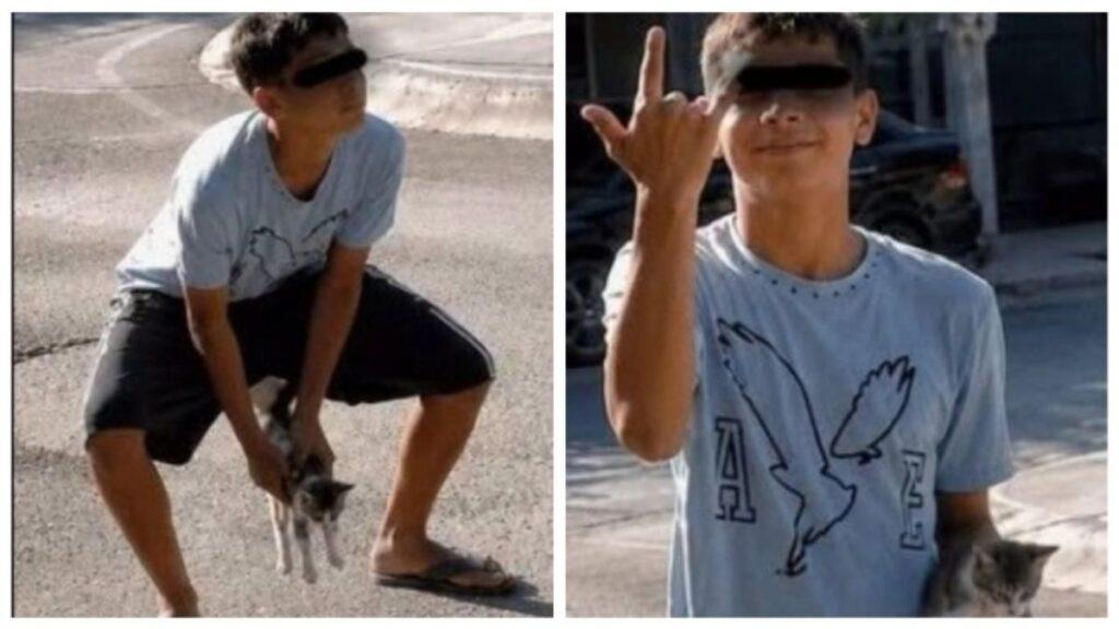 Two Side-by-side Photos of a Blindfolded Teenage Boy in a Light Blue T-shirt Holding a Small Cat, Left Crouching with the Cat, Right Smiling and Raising a Hand Gesture While Still Holding the Cat. • Guadalupe Informa