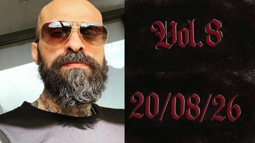 Left: Bald Man with a Gray Beard Wearing Gold Aviator Sunglasses; Right: Black Background with Red Gothic Text Reading 'no.8' and '20/08/26' • Guadalupe Informa