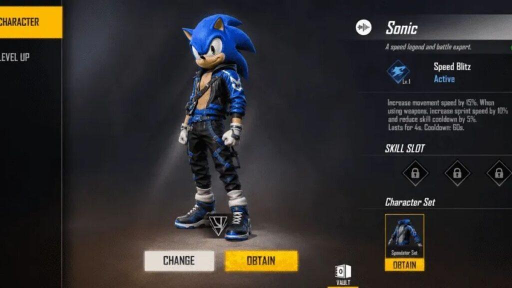 Sonic-free-fire-ia • Guadalupe Informa Sonic the Hedgehog in a Blue Outfit Standing in a Dark Game Character Selection Screen with Change and Obtain Buttons Below. • Guadalupe Informa